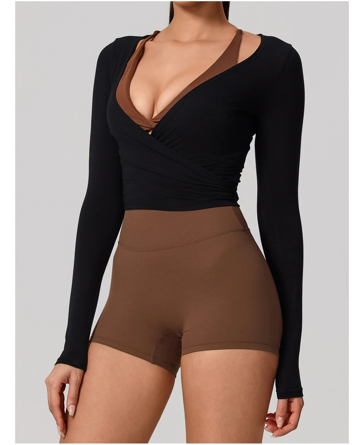 Neues Sommer-Damen-Yoga-Langarm-Einteiler-Oberteil mit Trägern – Premium-Ballett-Wrap-Top für Damen – Sport-Top für das Training – Detail 24