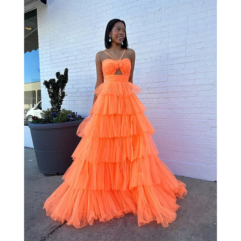 Vestido de graduación acampanado naranja, falda escalonada, vestidos de noche formales elegantes, vestidos de fiesta para ocasiones especiales