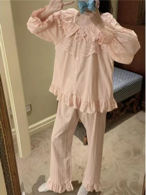 

plus Size Spwear Women's Sweet Knot Lace Home Clothes Set Can Be Worn outside High Waist Long Sve round Ne