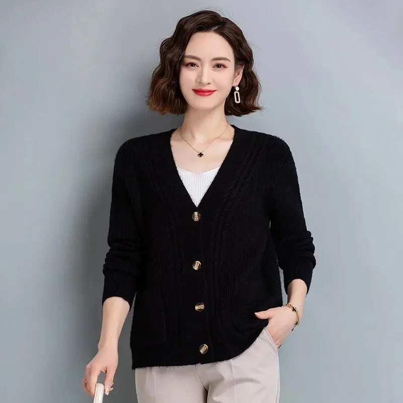 Cardigan de couleur Pure pour femme, veste pull, ample, col en v, manteau en tricot, mode, haut à simple boutonnage, nouvelle collection printemps automne 2025