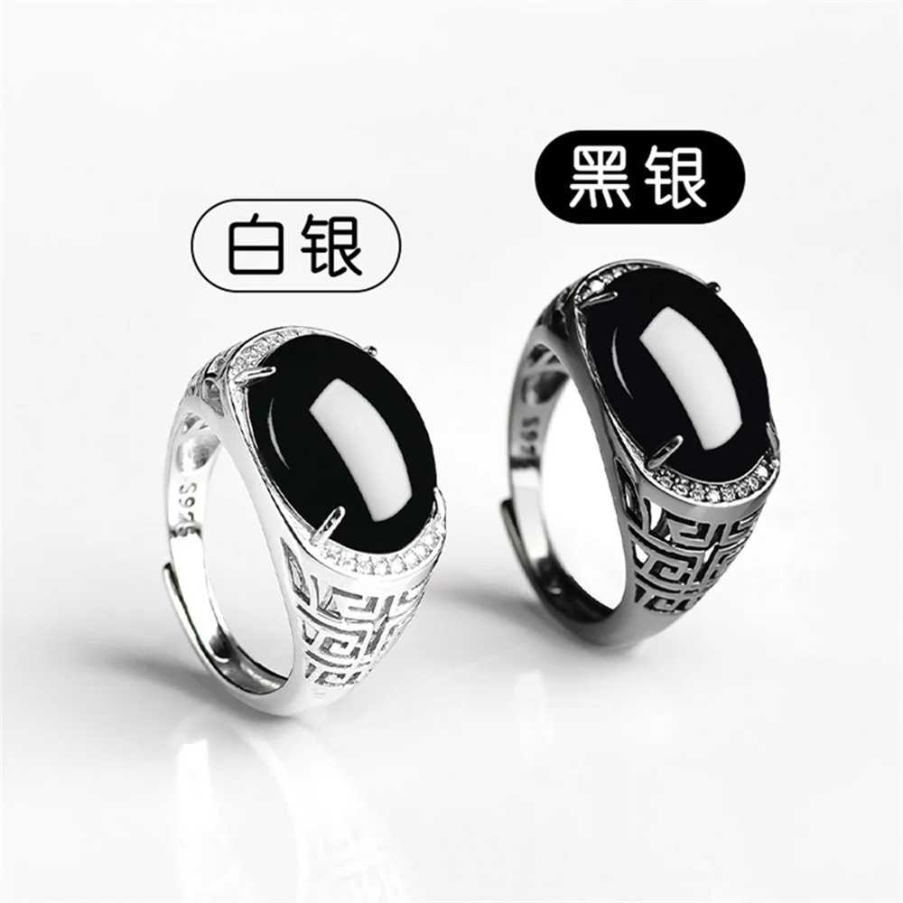 925 Silver Natural Black Jadeite Oval Beads Lucky Finger Ring Retro S925 Adjustable Certificate Luxury Jade Trendy Jewelry Gift