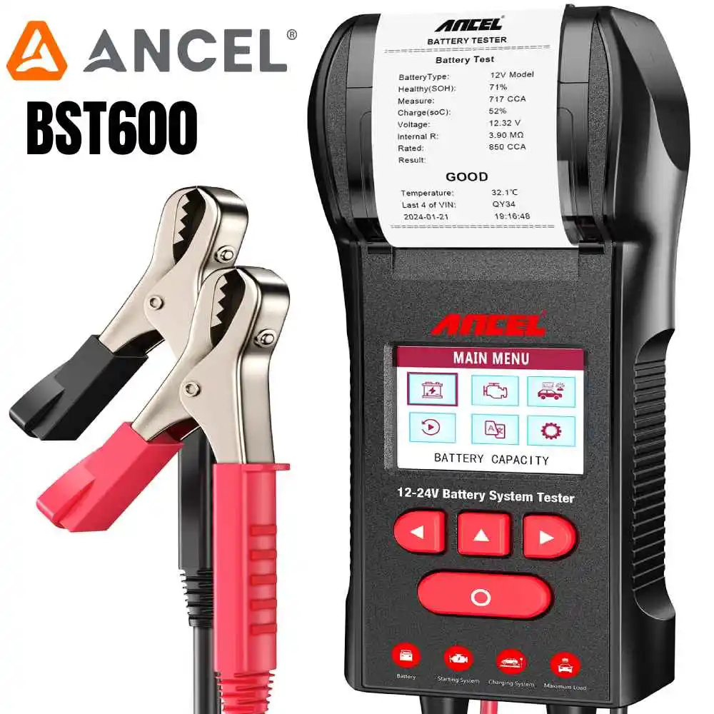 

ANCEL BST600 Car Battery Tester with Printer 12V/24V 100-2000 CCA Digital Auto Battery Load Tester Cranking and Charging System