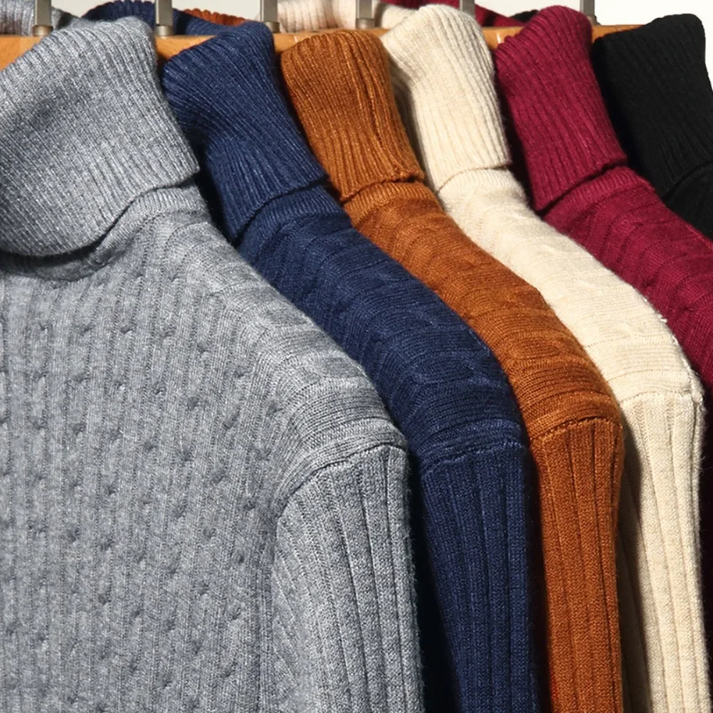 New Men\'s Turtleneck Sweaters Autumn Knitted Striped Streetwear Warm Long Sleeved Pullover Solid Color Basic Style Casual Tops