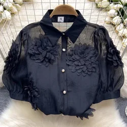 2024 Summer Short Sleeve Flowers Embroidery White Black Pink Mesh Shirts and Blouses For Women Sexy See- through Tops Blusas