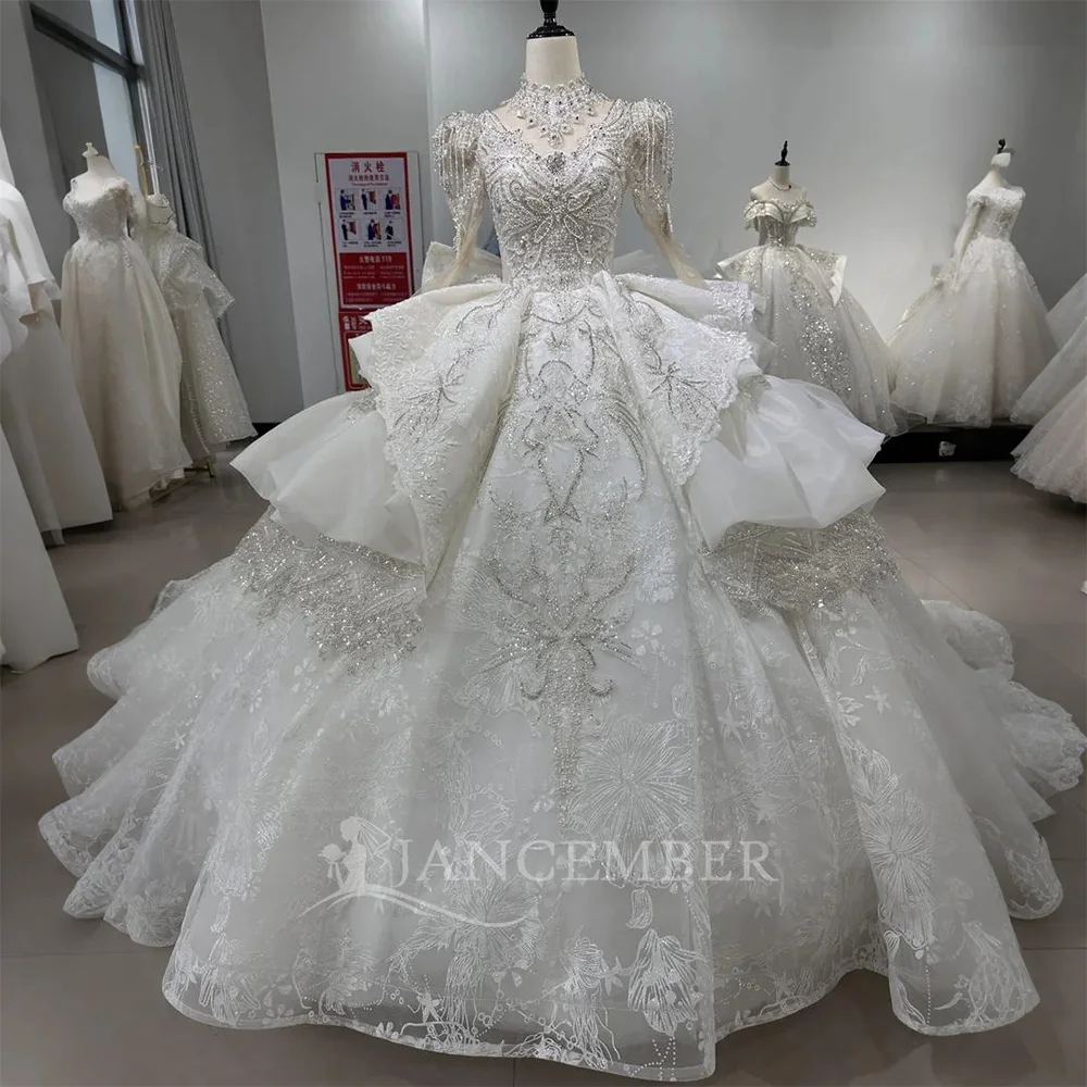 2025 فستان زفاف الحد الأدنى الأورجانزا الكرة ثوب عالية الرقبة الإمبراطورية ثوب زفاف للعروس اللؤلؤ الدانتيل الترتر Suknia Ślubna