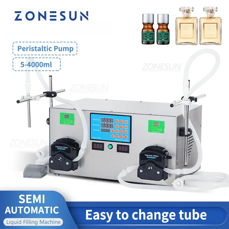 ZONESUN 2 Head Digital Semi-Automatic Peristaltic Pump Eye Drops Perfume Cosmetic Bottling Filling Machine