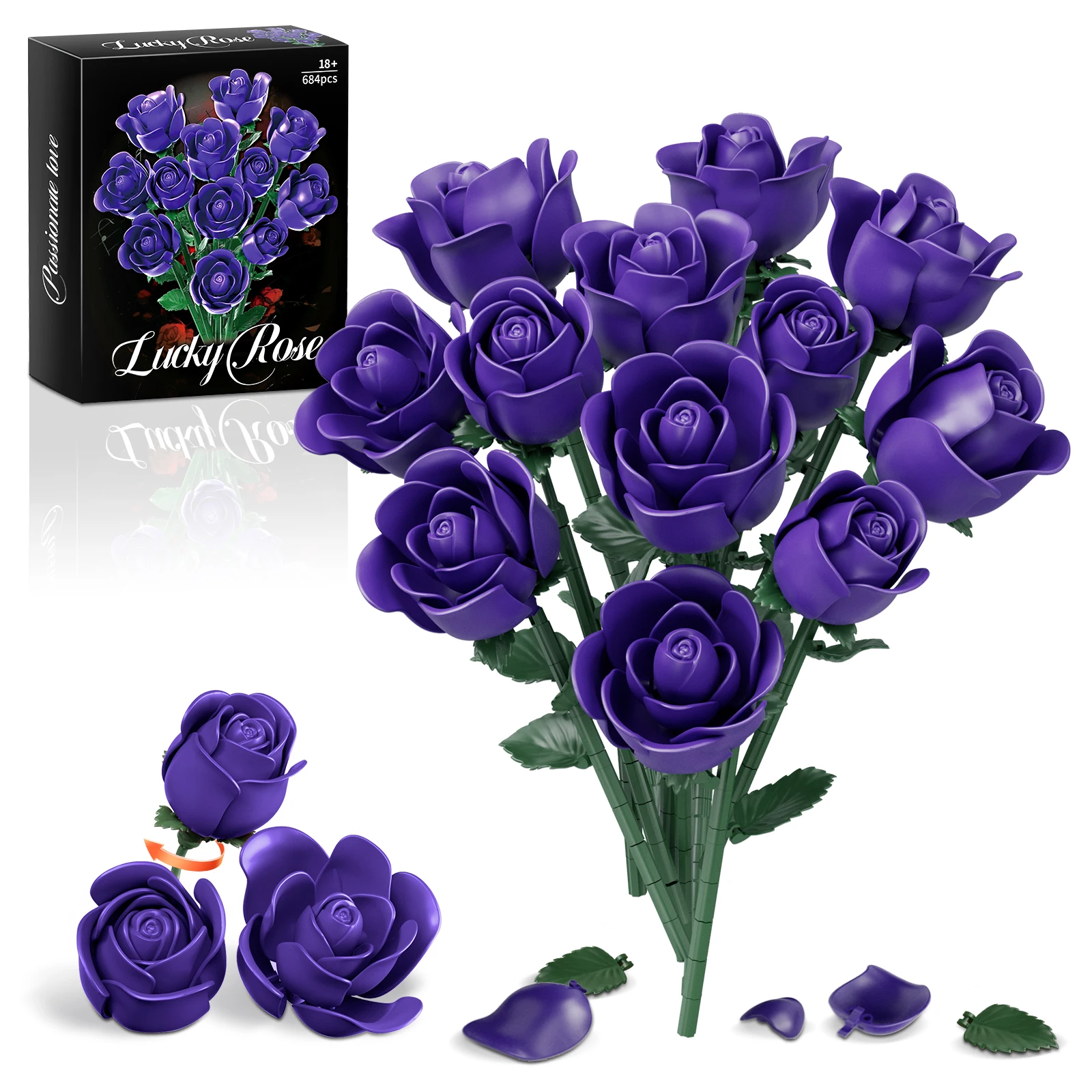 

684PCS Purple Rose Building Blocks Simulation Flower Bouquet Bricks Decorative Ornaments Adult Romantic Gift Children's Toys