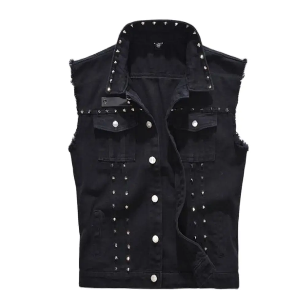 

New 2024 Denim Vest Men Punk Rock Rivet Cowboy Black Jeans Waistcoat Fashion Men Motorcycle Style Sleeveless Jeans Jacket M-5XL