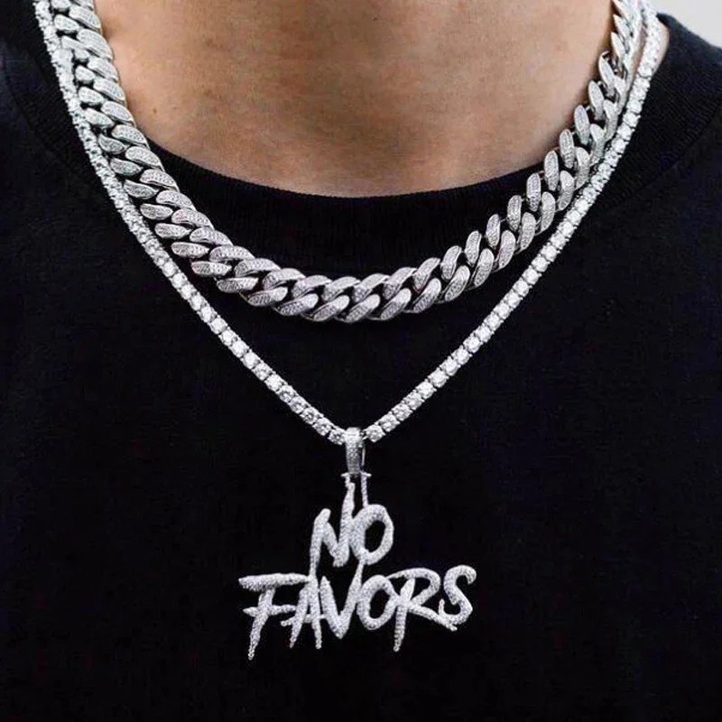 

2024 Hip Hop Iced Out Bling Cursive Letters No Favors Pendant Necklace Gold Silver Color 5A Zircon Letters Necklaces Men Jewelry