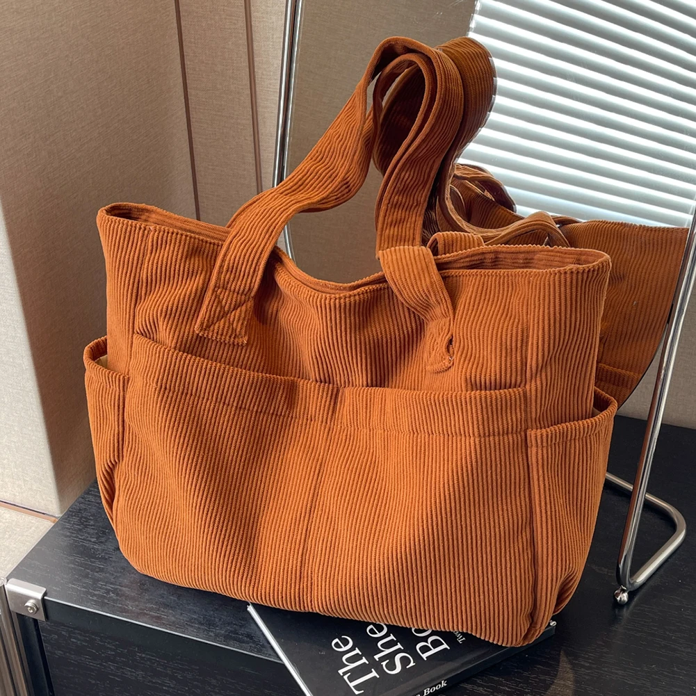 Corduroy Women's Tote Bag Multi Pockets Versatile Shoulder Bags Large Capacity Commuting Bag Solid Color Casual Underarm Handbag