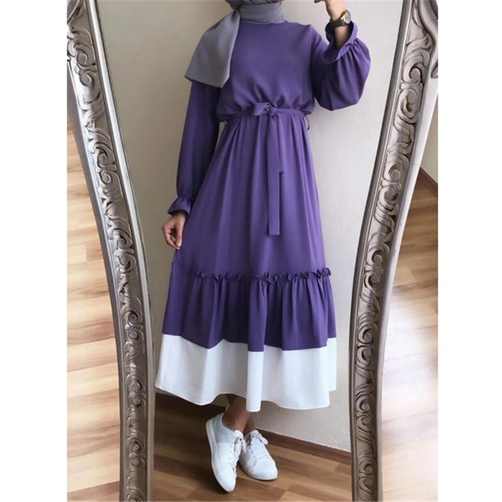 Modesto Casual Moda Donna Musulmano Increspature Abito a maniche lunghe Turchia Arabo Islam Abbigliamento Dubai Party Ramadan Abito Vestaglie Abiti