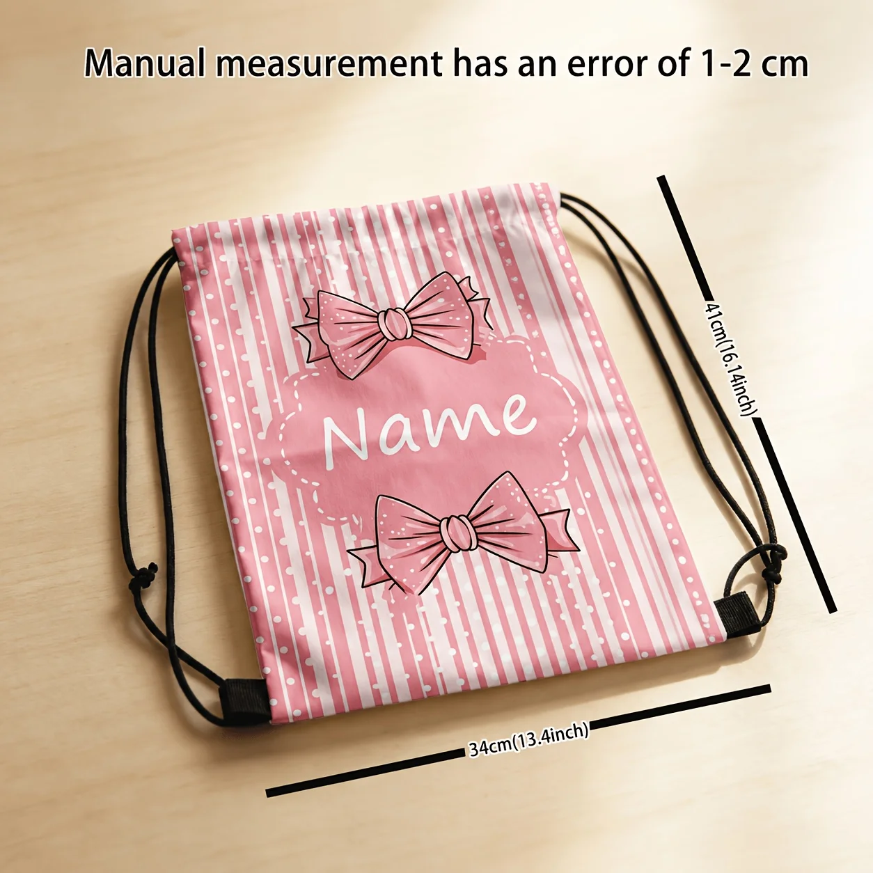 Personalized Pink Bow Striped Drawstring Backpack Custom Name Sports Gym Bag with Pockets for Travel Outdoor Holiday Xmas Gift