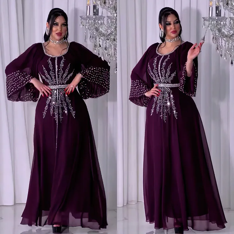 New 2024 Chiffon Diamonds Abayas For Women Luxury Dubai Abaya Turkey Kaftan Muslim Dress Djellaba Jalabiya Caftan Marocain Femme