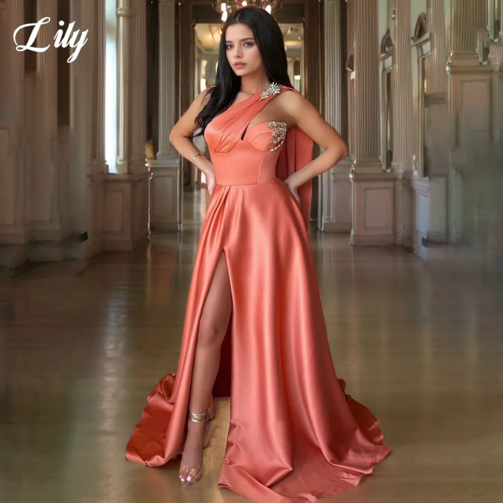 Lily Elegant Modern Style Prom Dresses Sweetheart One Shoulder Prom Gown with Beadwork Satin Side Split Formal Gown Customized