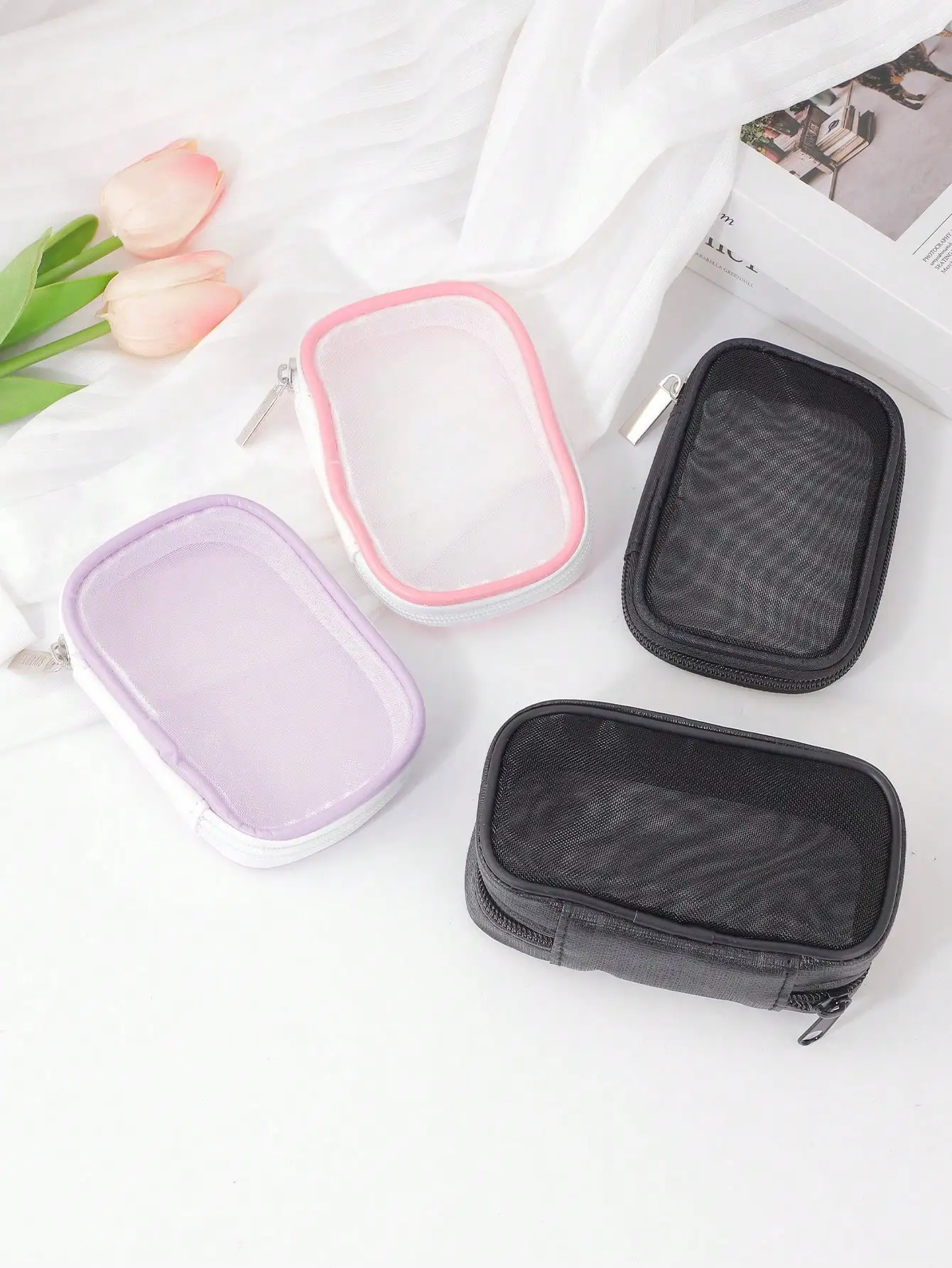 1/2 Pcs Mini Transparent Mesh Coin Purse Coin Storage Organizer Portable Data Cable Storage Bag