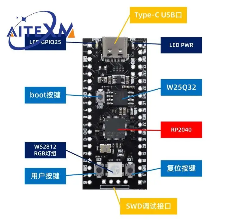 RP2040 Core Board TYPE-C USB-C For Raspberry Core Board 4MB /16MB RP2 Raspberry Pi Pico Micropython