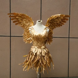 Adults Sexy Gold Dress Feather Angel wings Bar Show Costume Children' Cute Fairy Wings+Dress Nice Photography Props