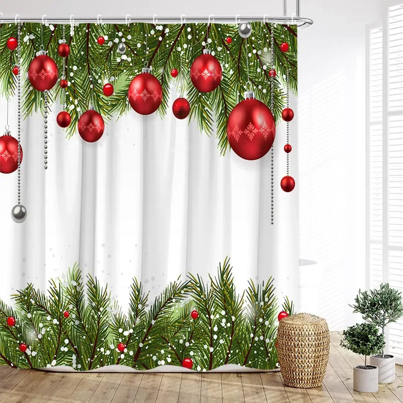 Christmas Shower Curtain Red Xmas Balls Green Pine Boughs Snowflakes Modern New Year Home Bathroom Decor Bath Curtain With Hooks