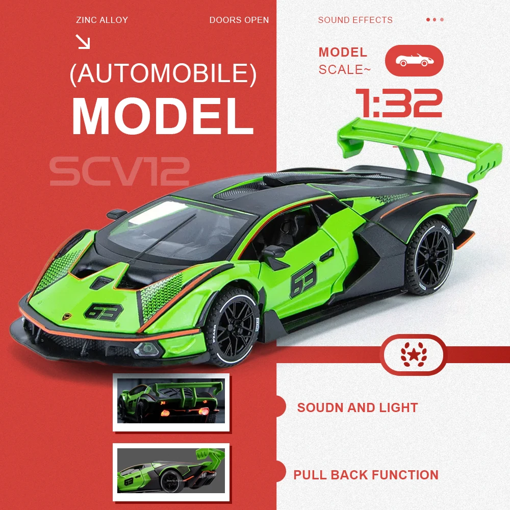 1:32 Scale SCV12 LP780 Car Model Toy Doors Opened Sound Light Models Pull Back Alloy Diecast Vehicle for Fans Special Surprise