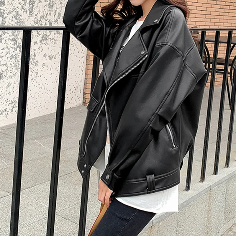 Loose Leather Jacket Women Casual PU Loose Motorcycle Jackets Female Streetwear Oversized Beige Pu Coat Korean Chic New Spring