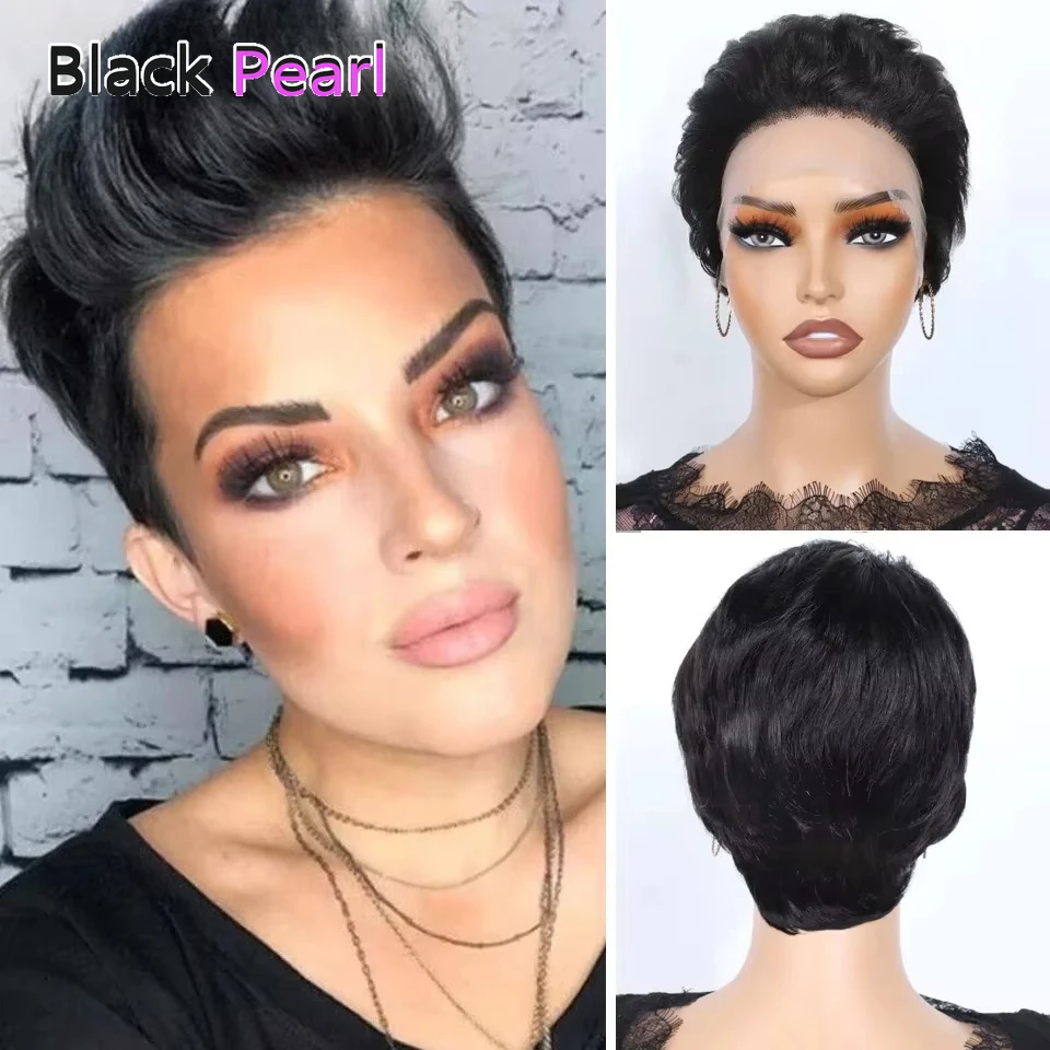 

Black Pearl Short Pixie Cut Straight Bob Lace Front 100% Human Hair Wigs Brazilian Remy Natural Hair Slick Back Wigs