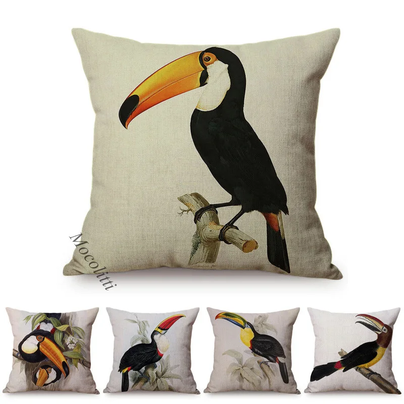 Toucans Nordic Water Color Birds Painting Art Home Decoration Square Cushion Cover Cotton Linen Bedroom Sofa Throw Pillows Cover