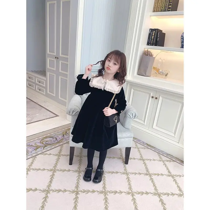 2024 New Teen Girls Winter Velvet Dress Elegant Fall Clothing Big Girl Black Dresses Autumn Baby Party Dress With Collar Lapel