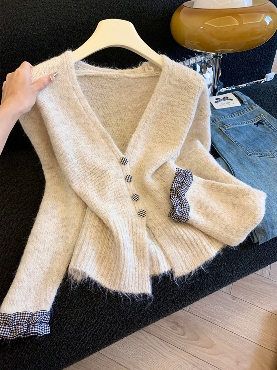 

Осенне-зимний женский вязаный кардиган-пальто с V-образным вырезом, приталенный, на одной пуговице, под дерево