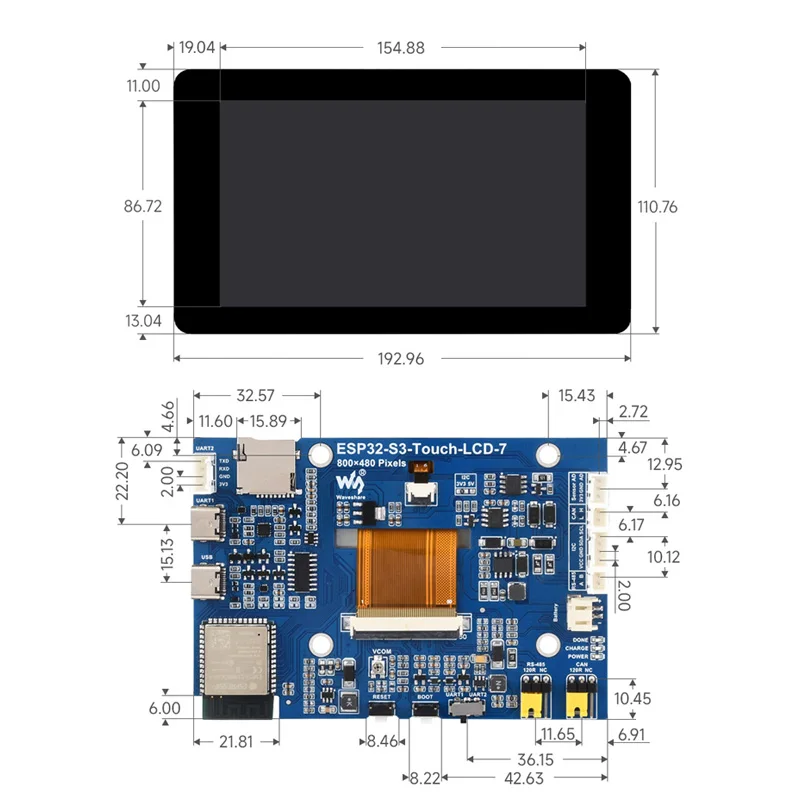 ESP32-S3 7 Inch Touch Screen Development Board 32-Bit LX7 Dual-Core 800 x 480 5-Point Touch Screen WIFI&Bluetooth for GUI LVGL