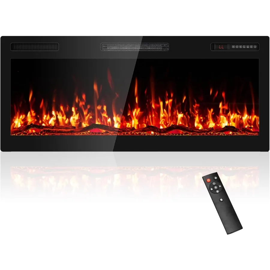 

42 Electric Fireplace Recessed Wall Mounted Wide Screen Ultra Narrow Bezel Frame HD Flame Effect Logs Fuel Bed Modern Fire Plac