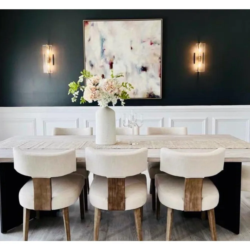 

Современные обеденные стулья среднего размера, набор из 6 кухонных стульев с обивкой из льняного льна в фермерском доме и каркасом из твердой древесины