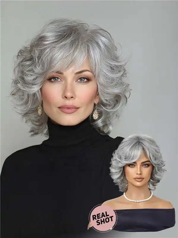 Salt & Pepper Gray Loose Curly Short Bob Wig Side Fringe Silky High Temperature Synthetic Hair Lightweight Comfortable Wig Cap Fashion Mature Ladies Wig