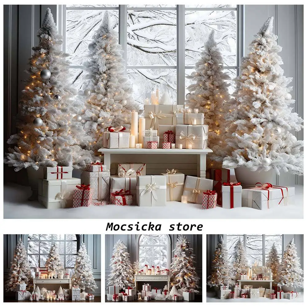 

Mocsicka Winter Window Snow White Xmas Tree Photography Background Christmas Party Decor Kids Portrait Backdrop Studio Photocall