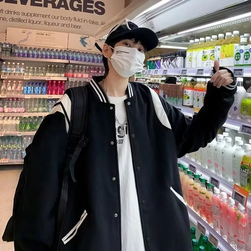 

Autumnal Patchwork Baseball Sle Open Cardigan Jaet Men's Winter Casual Faionable Hong Kong Sle Loose Fit Leisure Top