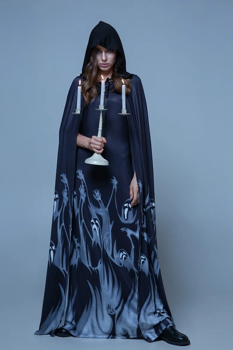 女性用ハロウィンコスチュームドレス、マント、ゴーストブライド、死神、魔女、ヴァンパイアセット、テロスケルトン衣装、ロングローブ、ステージコスチューム