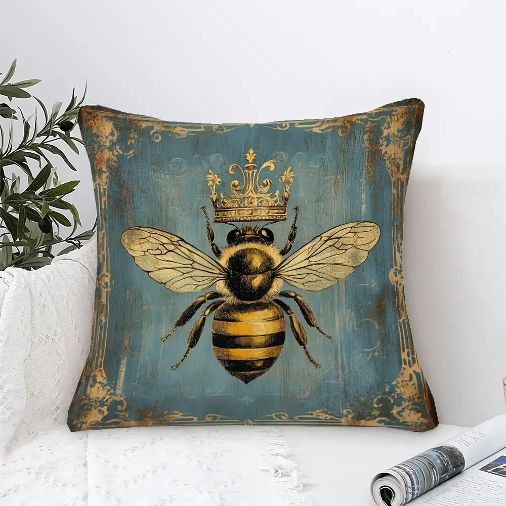 1pc Vintage Bee and Crown Design Decorative Pillow Cover - 18.0x18.0inch Short Plush, Single-Sided, Zipper Closure, Hand Washable Polyester - Ideal for Sofa, Living Room, Bedroom Decor - Decorative Pillow