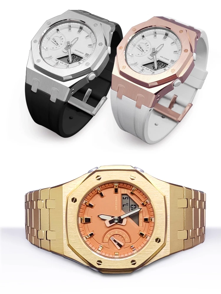 GMA-S2100 طقم عصري الفولاذ المقاوم للصدأ ساعة حزام المطاط سوار ل كاسيو G-SHOCK البلوط GMA S2100 المرأة حزام ساعة معدني مجموعة