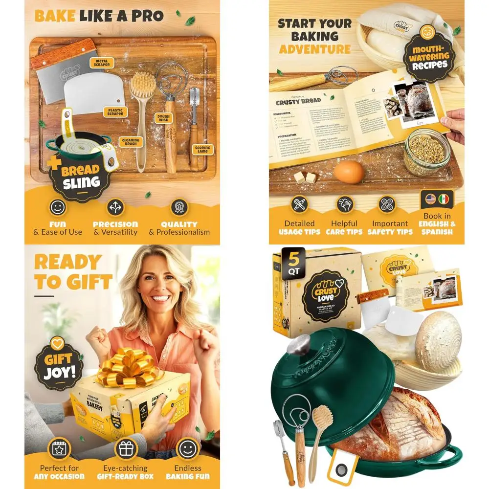 

5-Quart Cast Iron Enamel Bread Pan with Lid for Sourdough and Yeasted Bread Baking, Including Tools