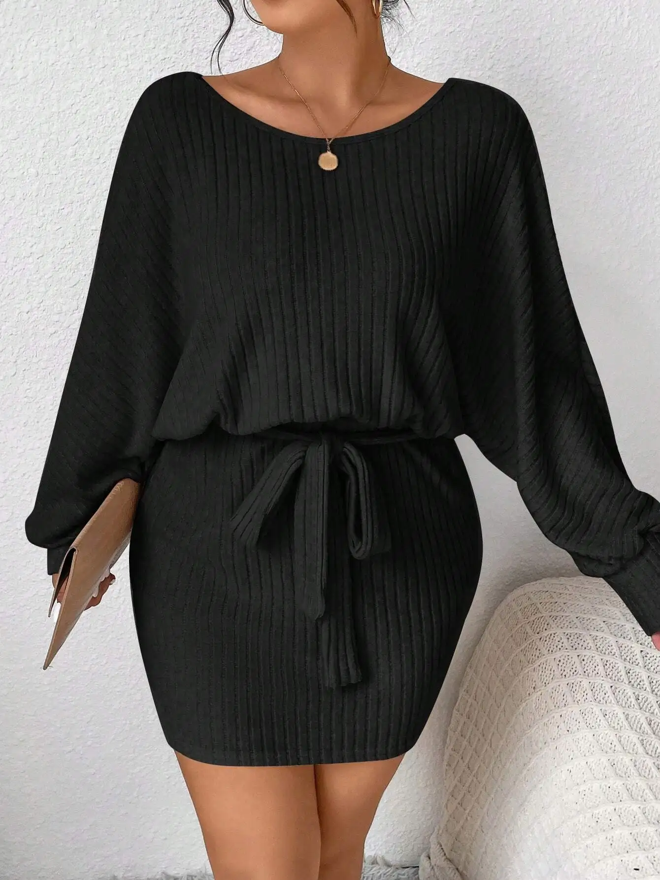 

Black Ribbed Knit Belted Mini Dress with Wide Sleeves and Round Neck
