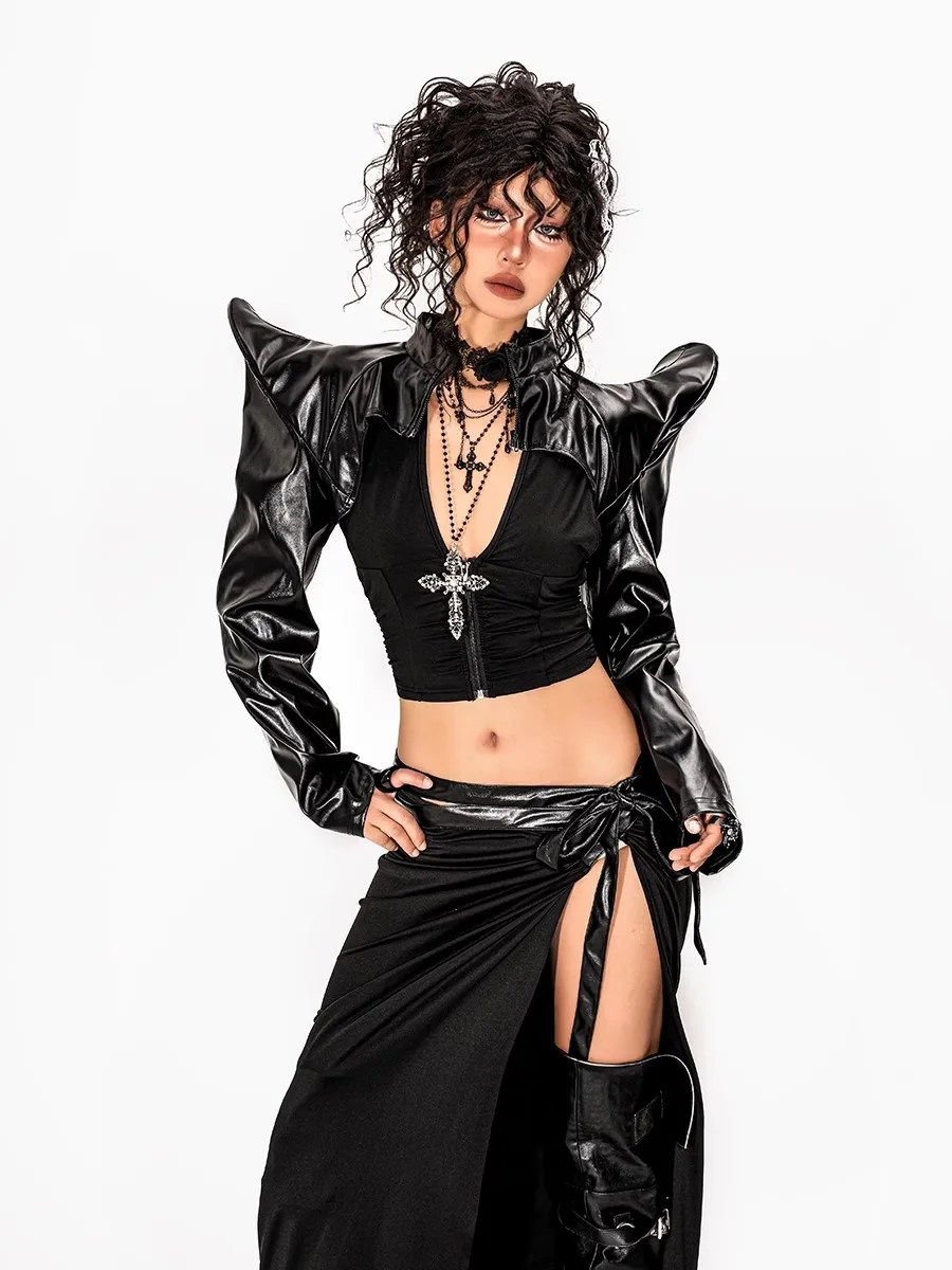 سترة نسائية من الجلد الصناعي من REDDACHiC سترة مقصوصة لراكبي الدراجات النارية باللون الأسود الصلب بأكمام طويلة معطف منفوخ ملابس خروج Emo Alt