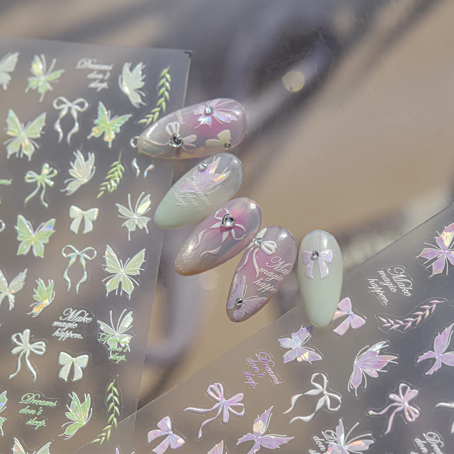 

Зеленые, фиолетовые, розовые бабочки с блестящими крыльями, элегантные банты, цветы и листья ивы, самоклеящиеся наклейки для ногтей, декор для маникюра