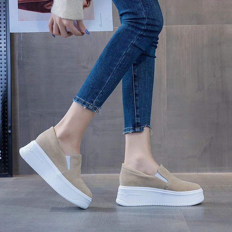 Sepatu mokasin Platform musim semi, sepatu loafer wanita kasual Chunky bersirkulasi flat Wedge Platform musim gugur kulit asli 8CM