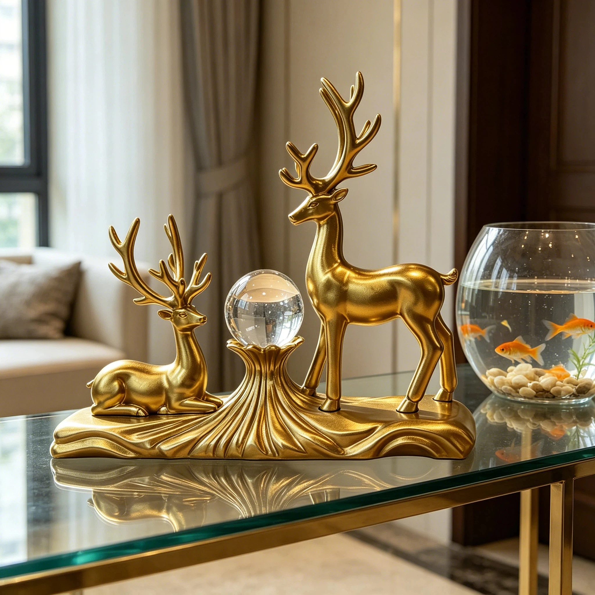 Modern Light Luxury Golden Double Deer Crystal Ball Resin Desktop Ornament, Made of High-Density Sturdy Resin Material, Suitable for Living Room Coffee Table, Study Room, Office Desk Decor. a Customer's Gratitude Gift for Partners, a Decent Gift for Elders to Celebrate Birthdays, Featuring a Double Deer Design That Symbolizes Companionship, Prosperity, and a Bright Future - view 5