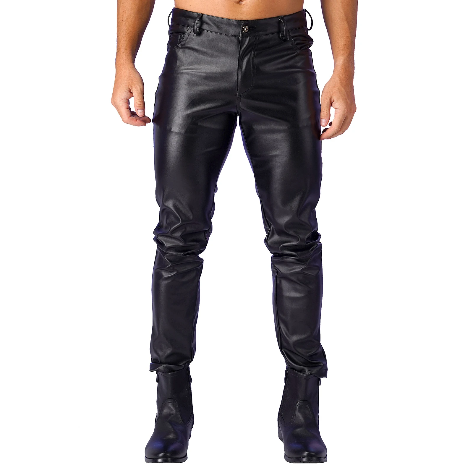 

Mens PU Leather Skinny Pants Motorcycle Biker Trousers Rock Style Gothic Stretch Long Pencil Pants for Halloween Clubwear Party