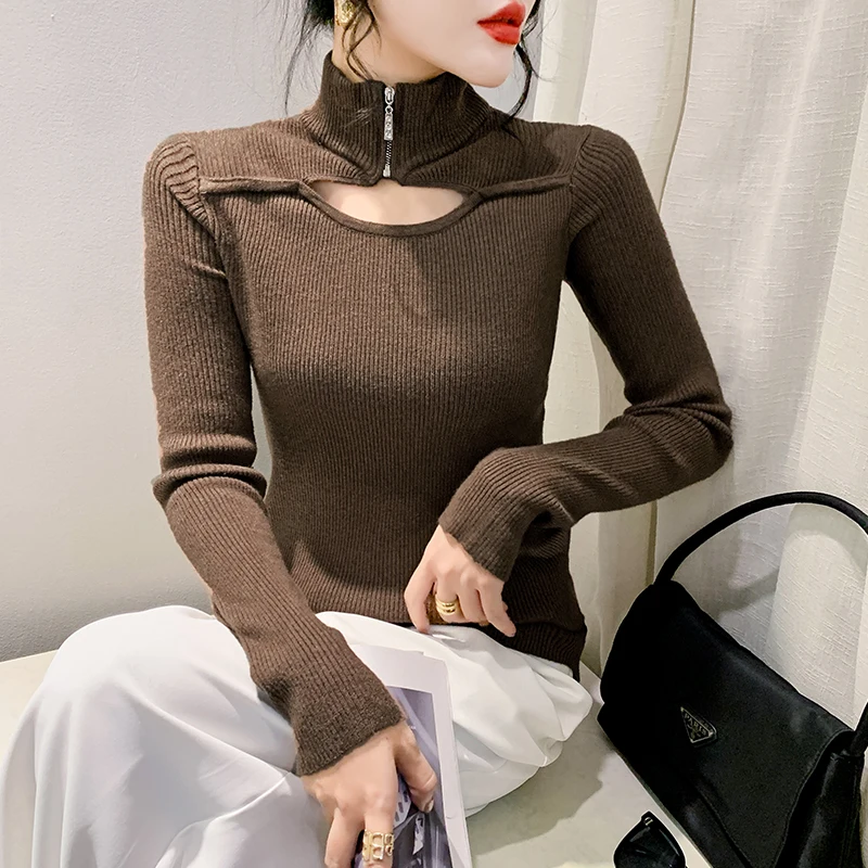 

2023 New Fall Winter European Clothes Knitted Sweater Chic Sexy Women's Turtleneck Hollow Out Zipper Long Sleeve Slim Tops 39347