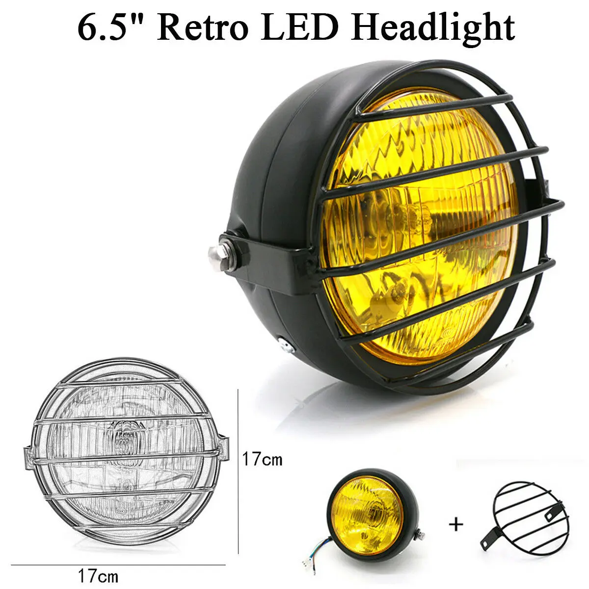 Retro Vintage Motorcycle Universal Side Mount 35W 6.5 Inch Amber Headlight Cafe Racer with Grille