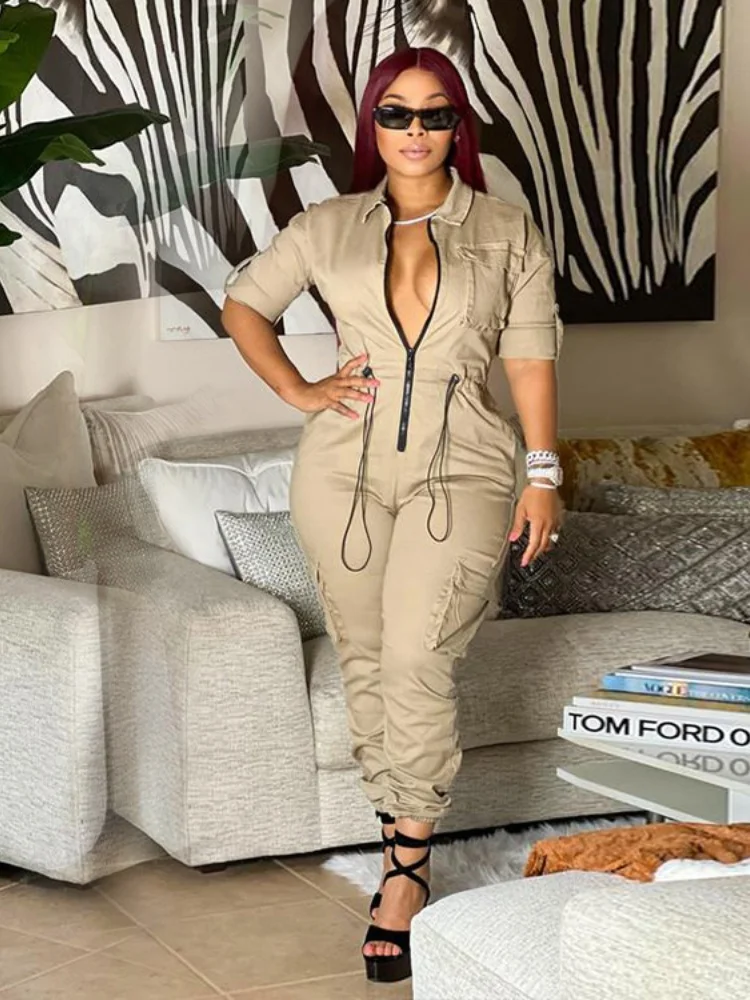 

Three Sisters New Autumn Fashion Women's Clothing Street Commuting Solid Color Mid Waist Multi Bag Overalls Jumpsuits Wholesale