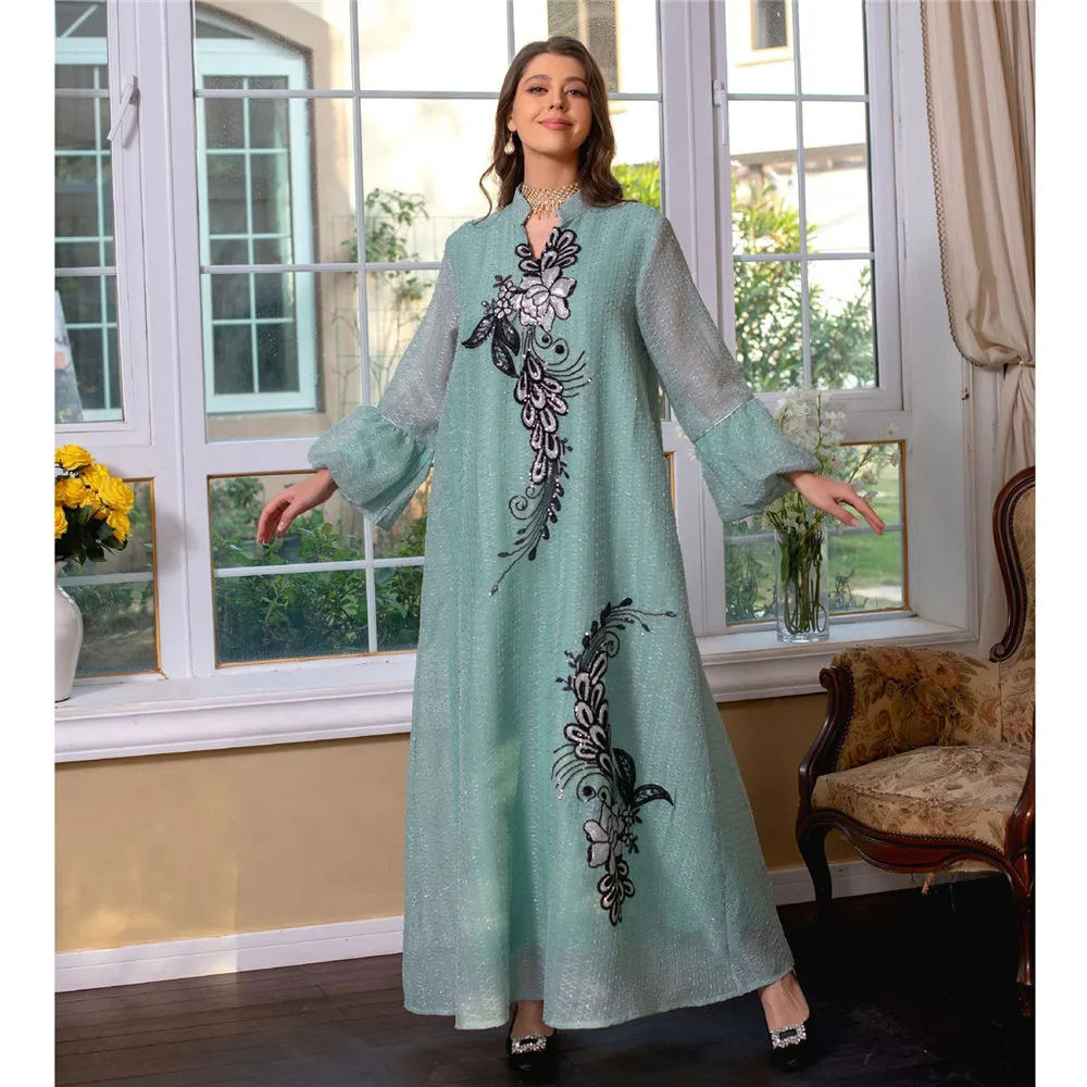 Eid Abaya Ramadan Muslim Women Sequins Maxi Dress Dubai Turkey Djellaba Islamic Jalabiya Gown Kaftan Arab Robe Marocain Vestidos