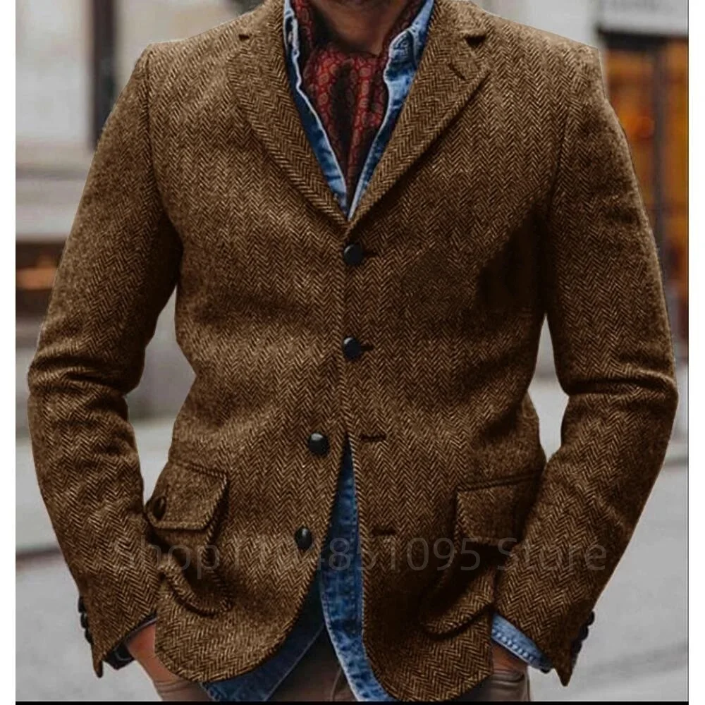 남성용 브라운 피쉬본 트위드 블레이저 수트 싱글 브레스티드 투버튼 비즈니스 스모킹 댄스 코트 울 테르노 남성 드레스