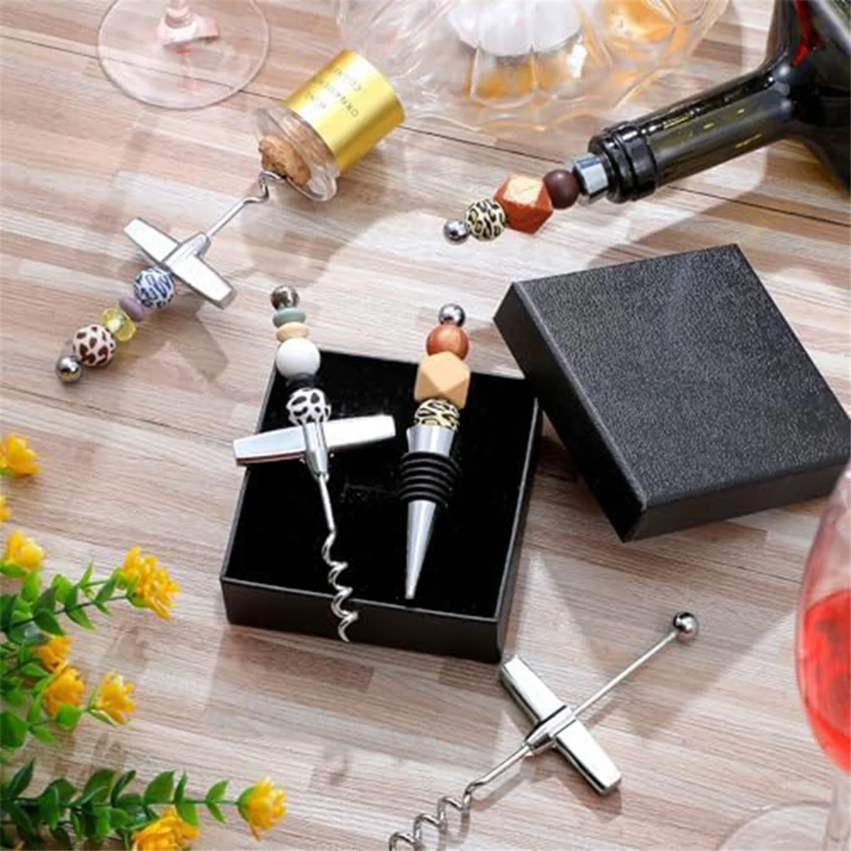 40 Pcs Beadable Wine Stoppers with Travel Corkscrew Set Decorative Beaded Wine Bottle Stopper for Kitchen Bar Restaurant